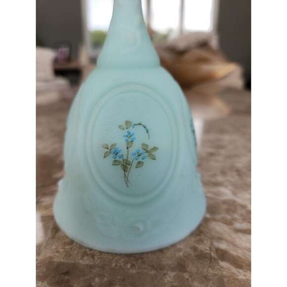 Fenton, Light Blue Satin Glass Bell, Handpainted And Signed By Artist, 6 1/2" - Picture 2 of 4